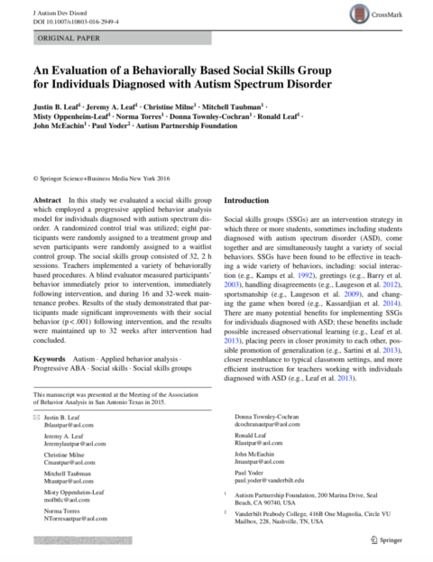 An Evaluation of a Behaviorally Based Social Skills Group for Individuals Diagnosed with Autism Spectrum Disorder